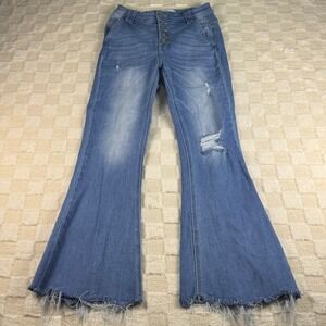 Kancan Flare Jeans Button‎ Fly Distressed Frayed Hem Medium Wash Women